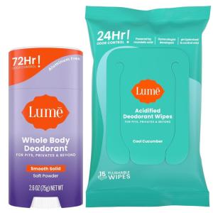 Lume Whole Body Deodorant – Smooth Solid Stick & Flushable Deodorant Wipes – Doctor Developed – Aluminum Free, Baking Soda Free, Skin Loving – 2.6 Ounce (Unscented) 15 Count Wipes (Cool Cucumber)(Soft Powder & Cool Cucumber)