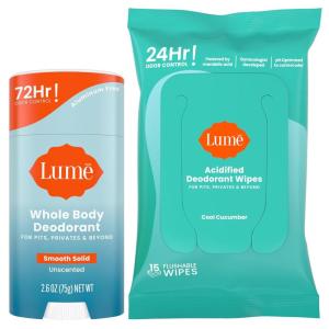 Lume Whole Body Deodorant – Smooth Solid Stick & Flushable Deodorant Wipes – Doctor Developed – Aluminum Free, Baking Soda Free, Skin Loving – 2.6 Ounce (Unscented) 15 Count Wipes (Cool Cucumber)(Unscented & Cool Cucumber)