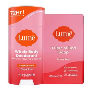 Lume Whole Body Deodorant And Soap – 2.6 Ounce Smooth Solid Stick With 72 Hour Odor Control (Pack of 2) and 5 Ounce Triple Milled Soap (Pack of 2) – Aluminum and Baking Soda Free (Lavender Sage)(Peony Rose)