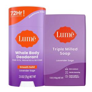 Lume Whole Body Deodorant And Soap – 2.6 Ounce Smooth Solid Stick With 72 Hour Odor Control (Pack of 2) and 5 Ounce Triple Milled Soap (Pack of 2) – Aluminum and Baking Soda Free (Lavender Sage)(Lavender Sage)