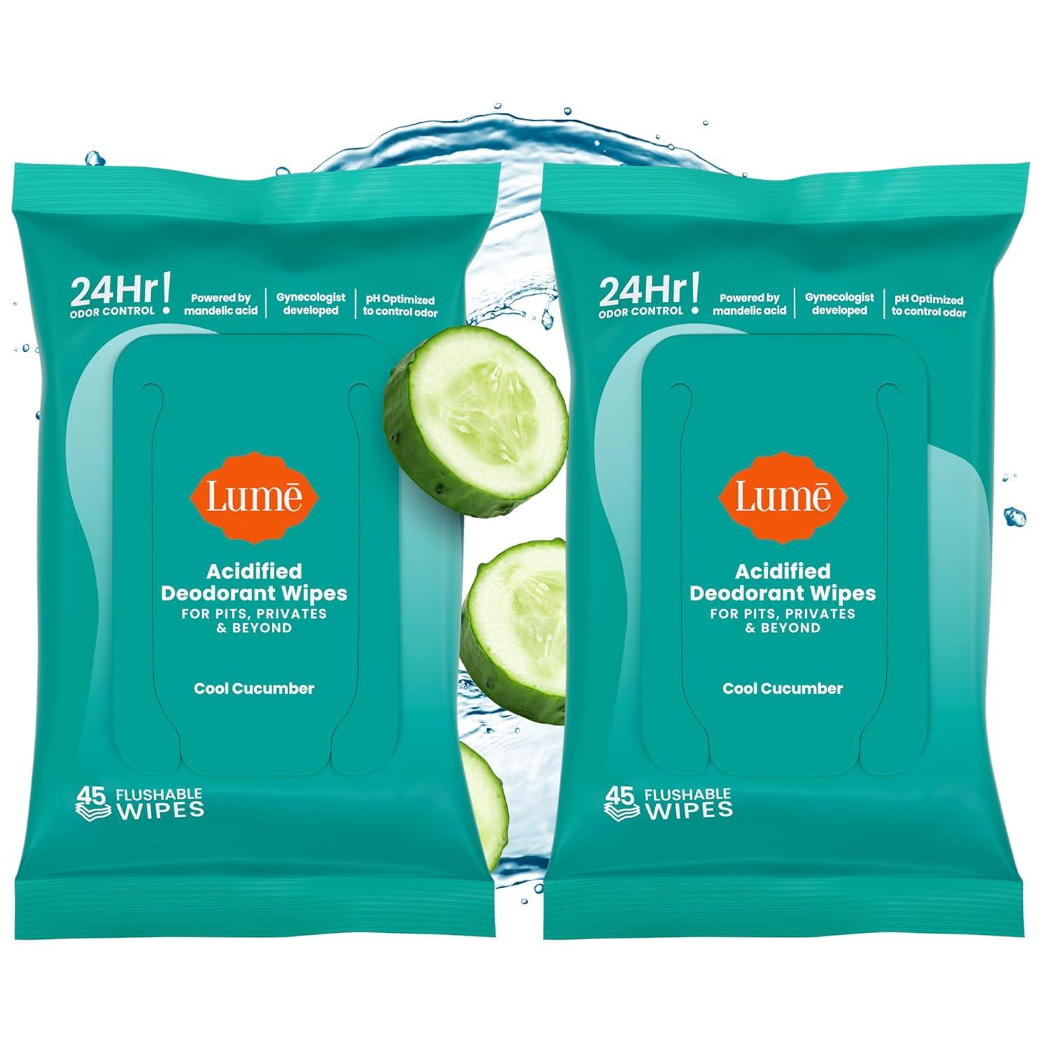 imageLume Acidified Deodorant Wipes 24 Hour Odor Control Whole Body Deodorant Wipes Aluminum Free Baking Soda Free Skin Loving Flushable 45 Count 2 Pack Soft PowderCool Cucumber