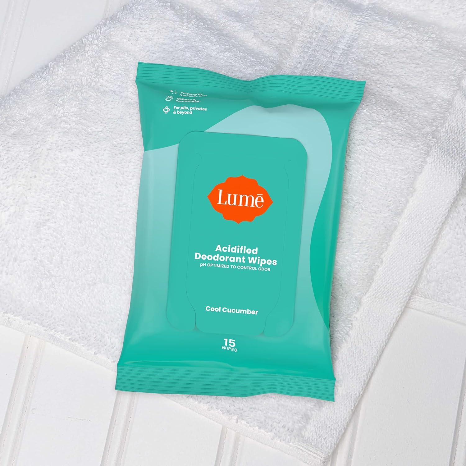 imageLume Acidified Deodorant Wipes 24 Hour Odor Control Whole Body Deodorant Wipes Aluminum Free Baking Soda Free Skin Loving Flushable 45 Count 2 Pack Soft PowderCool Cucumber