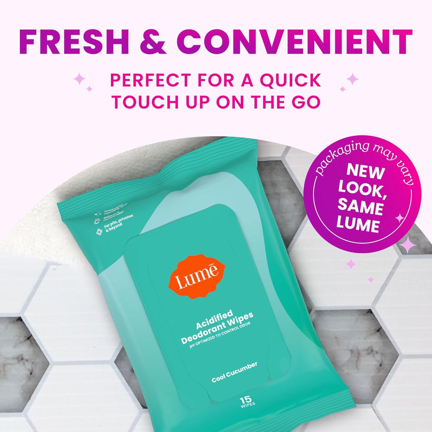 imageLume Acidified Deodorant Wipes 24 Hour Odor Control Whole Body Deodorant Wipes Aluminum Free Baking Soda Free Skin Loving Flushable 45 Count 2 Pack Soft PowderCool Cucumber