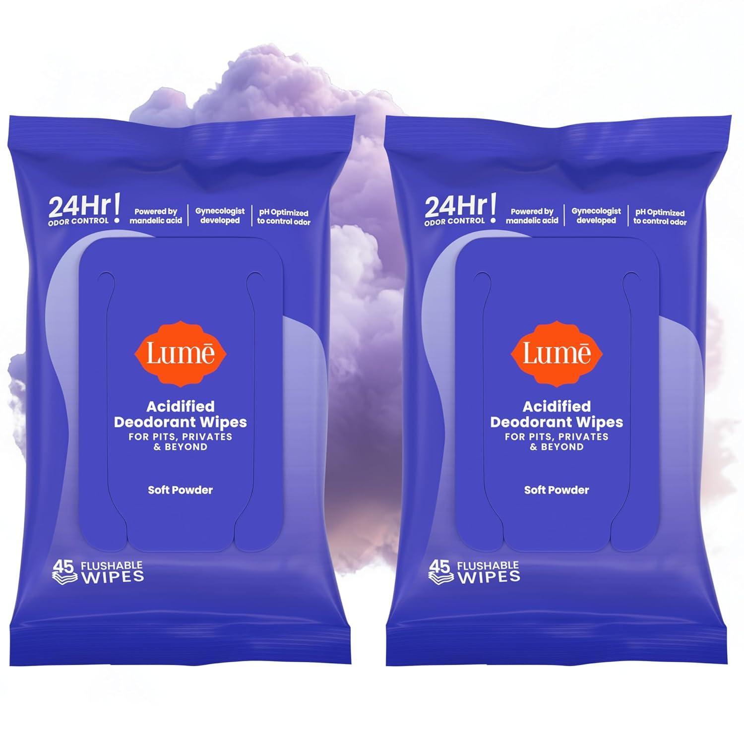 imageLume Acidified Deodorant Wipes 24 Hour Odor Control Whole Body Deodorant Wipes Aluminum Free Baking Soda Free Skin Loving Flushable 45 Count 2 Pack Soft PowderSoft Powder