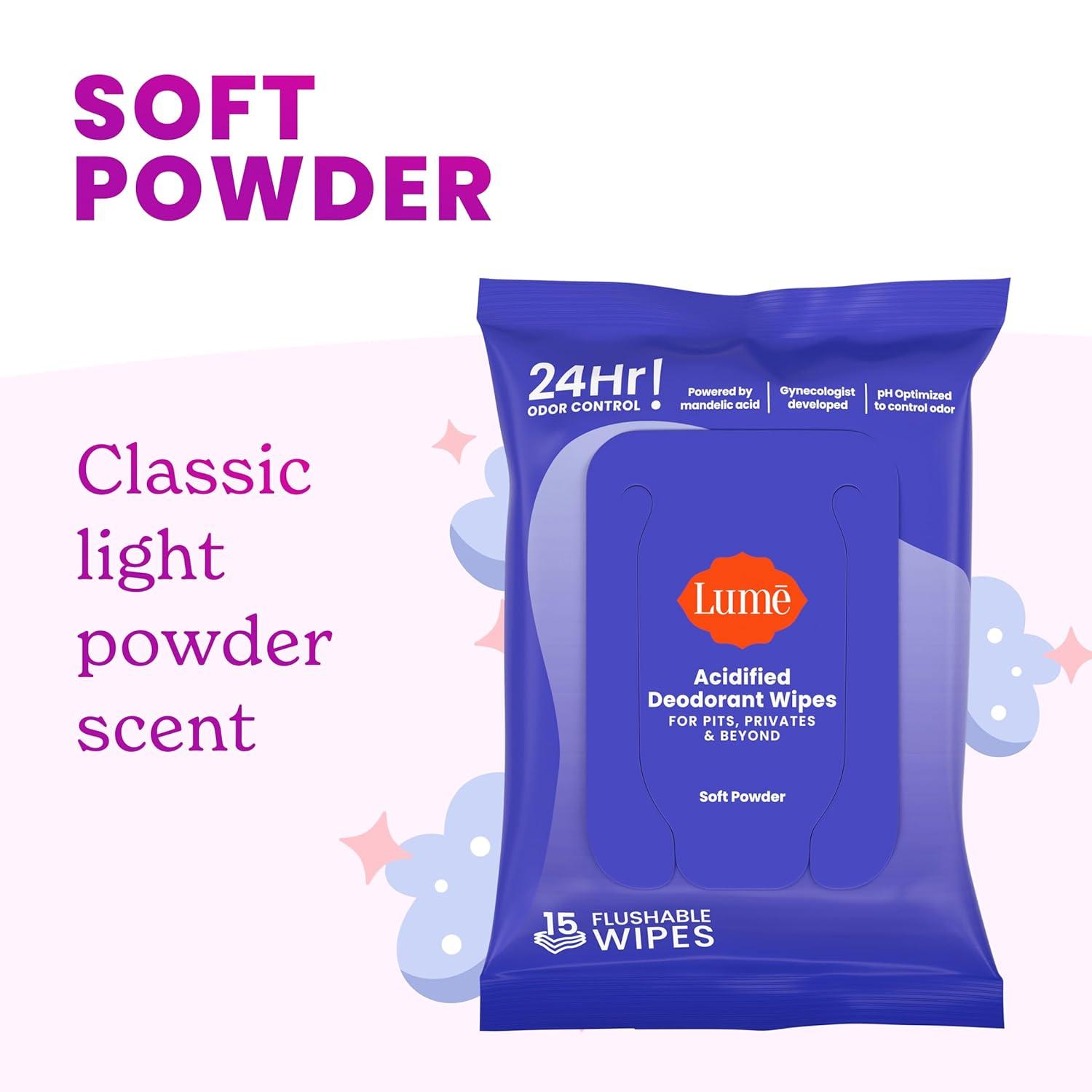 imageLume Acidified Deodorant Wipes 24 Hour Odor Control Whole Body Deodorant Wipes Aluminum Free Baking Soda Free Skin Loving Flushable 45 Count 2 Pack Soft PowderSoft Powder