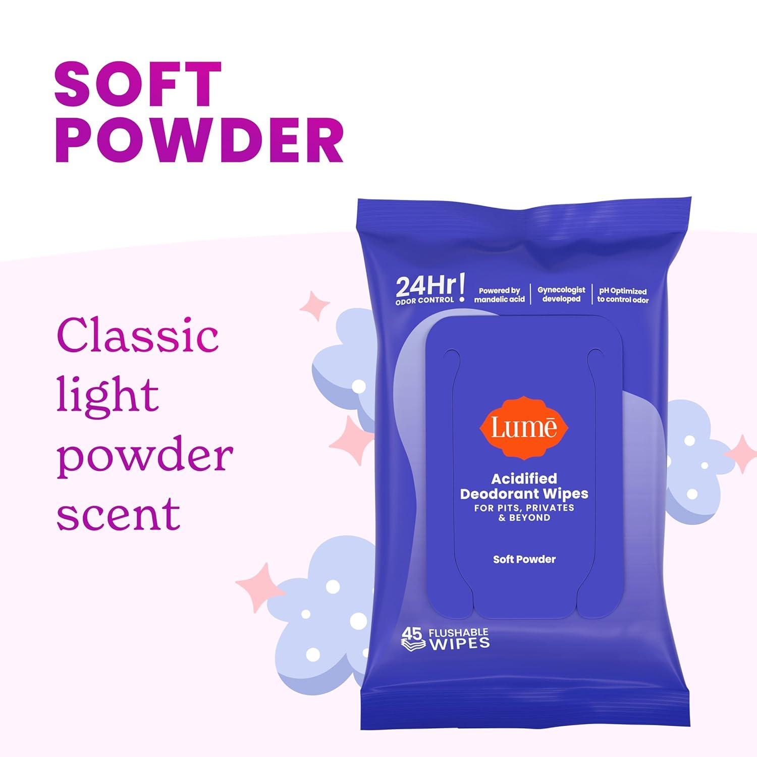 imageLume Acidified Deodorant Wipes 24 Hour Odor Control Whole Body Deodorant Wipes Aluminum Free Baking Soda Free Skin Loving Flushable 45 Count 2 Pack Soft PowderSoft Powder