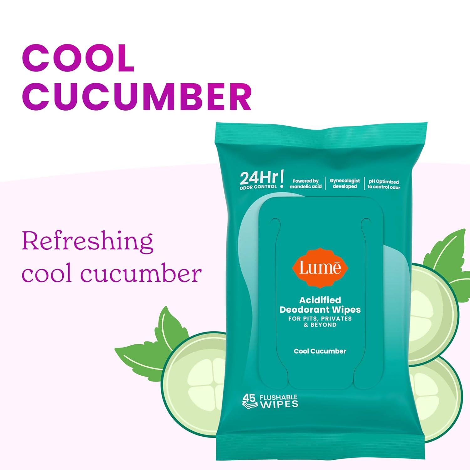 imageLume Acidified Deodorant Wipes 24 Hour Odor Control Whole Body Deodorant Wipes Aluminum Free Baking Soda Free Skin Loving Flushable 45 Count 2 Pack Soft PowderCool Cucumber