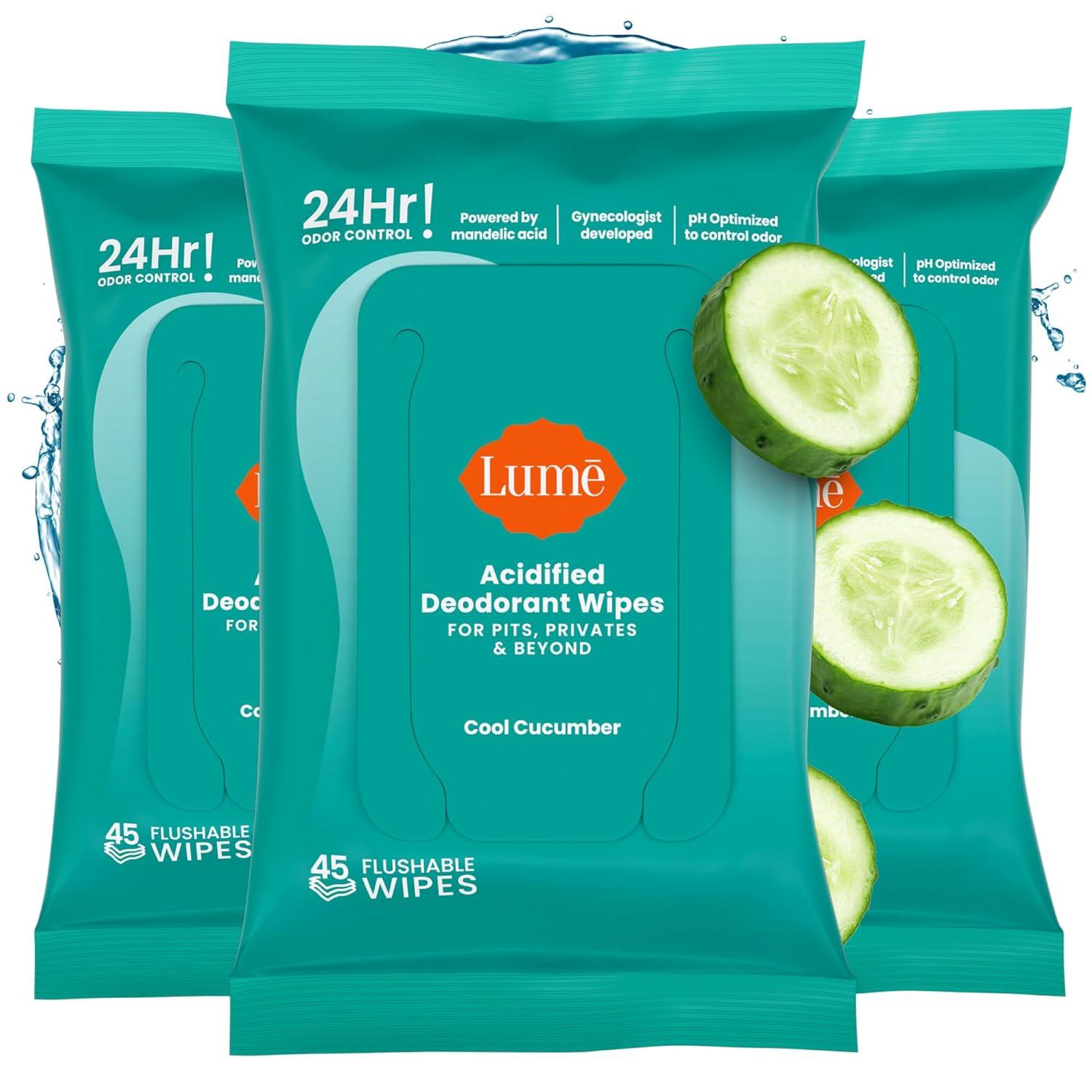 imageLume Acidified Deodorant Wipes 24 Hour Odor Control Whole Body Deodorant Wipes Aluminum Free Baking Soda Free Skin Loving Flushable 45 Count 2 Pack Soft PowderCool Cucumber