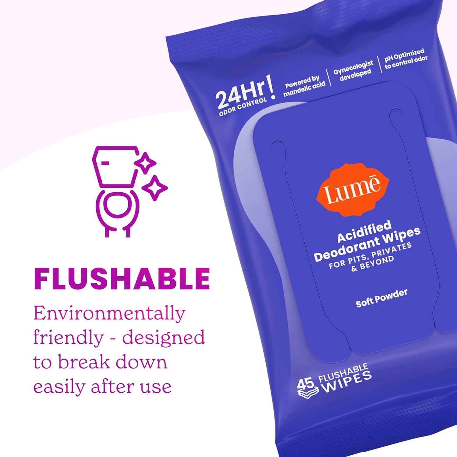 imageLume Acidified Deodorant Wipes 24 Hour Odor Control Whole Body Deodorant Wipes Aluminum Free Baking Soda Free Skin Loving Flushable 45 Count 2 Pack Soft PowderSoft Powder