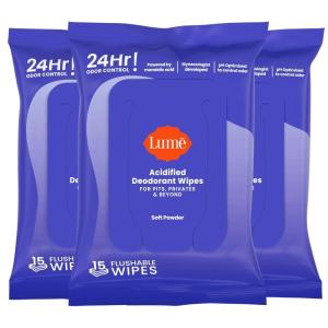 Lume Acidified Deodorant Wipes – 24 Hour Odor Control – Whole Body Deodorant Wipes – Aluminum Free, Baking Soda Free, Skin Loving – Flushable – 45 Count – 2 Pack (Soft Powder)(Soft Powder)