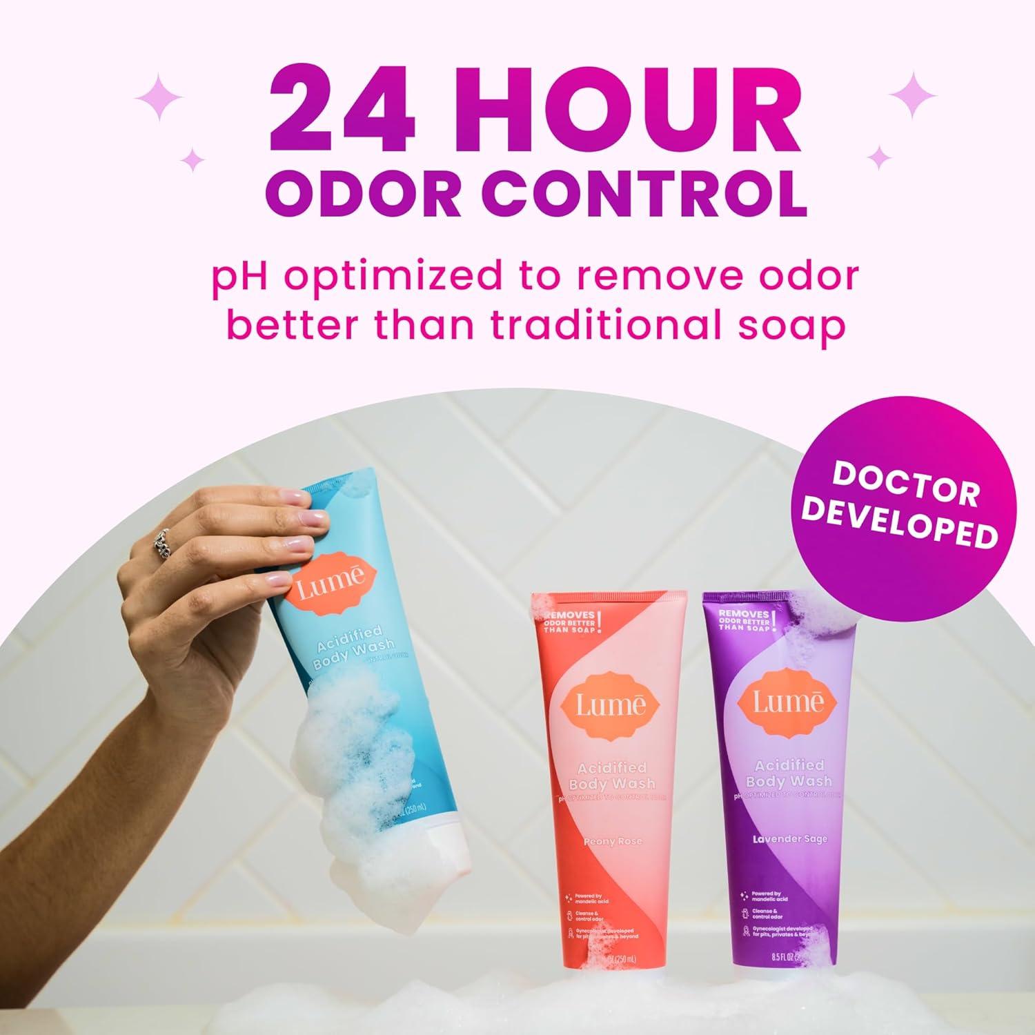 imageLume Acidified Body Wash 24 Hour Odor Control Removes Odor Better than Soap Hydrating Formula Formulated Without SLS or Parabens Safe For Sensitive Skin 85 ounce Soft PowderClean Tangerine Lavender Sage