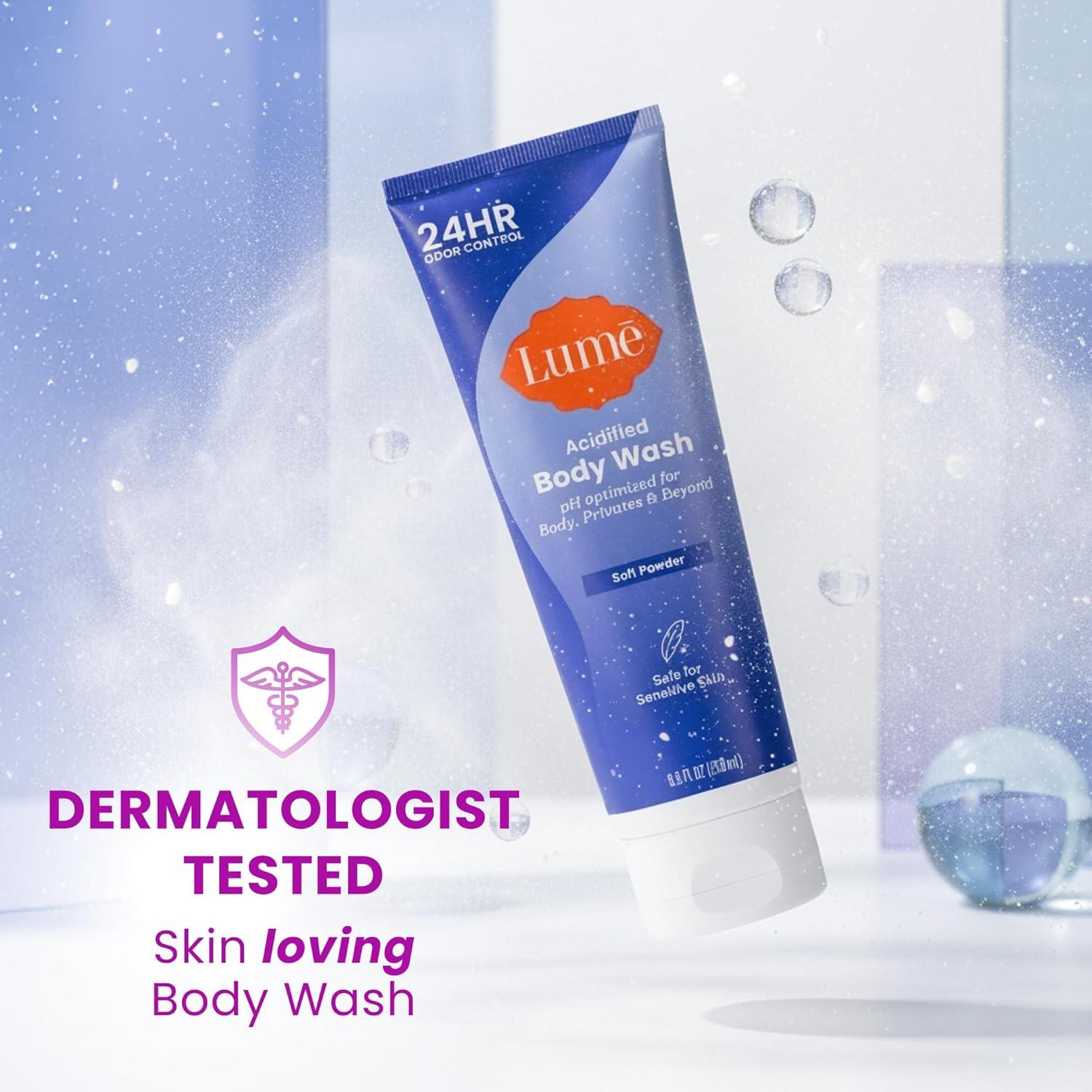 imageLume Acidified Body Wash 24 Hour Odor Control Removes Odor Better than Soap Hydrating Formula Formulated Without SLS or Parabens Safe For Sensitive Skin 85 ounce Soft PowderSoft Powder