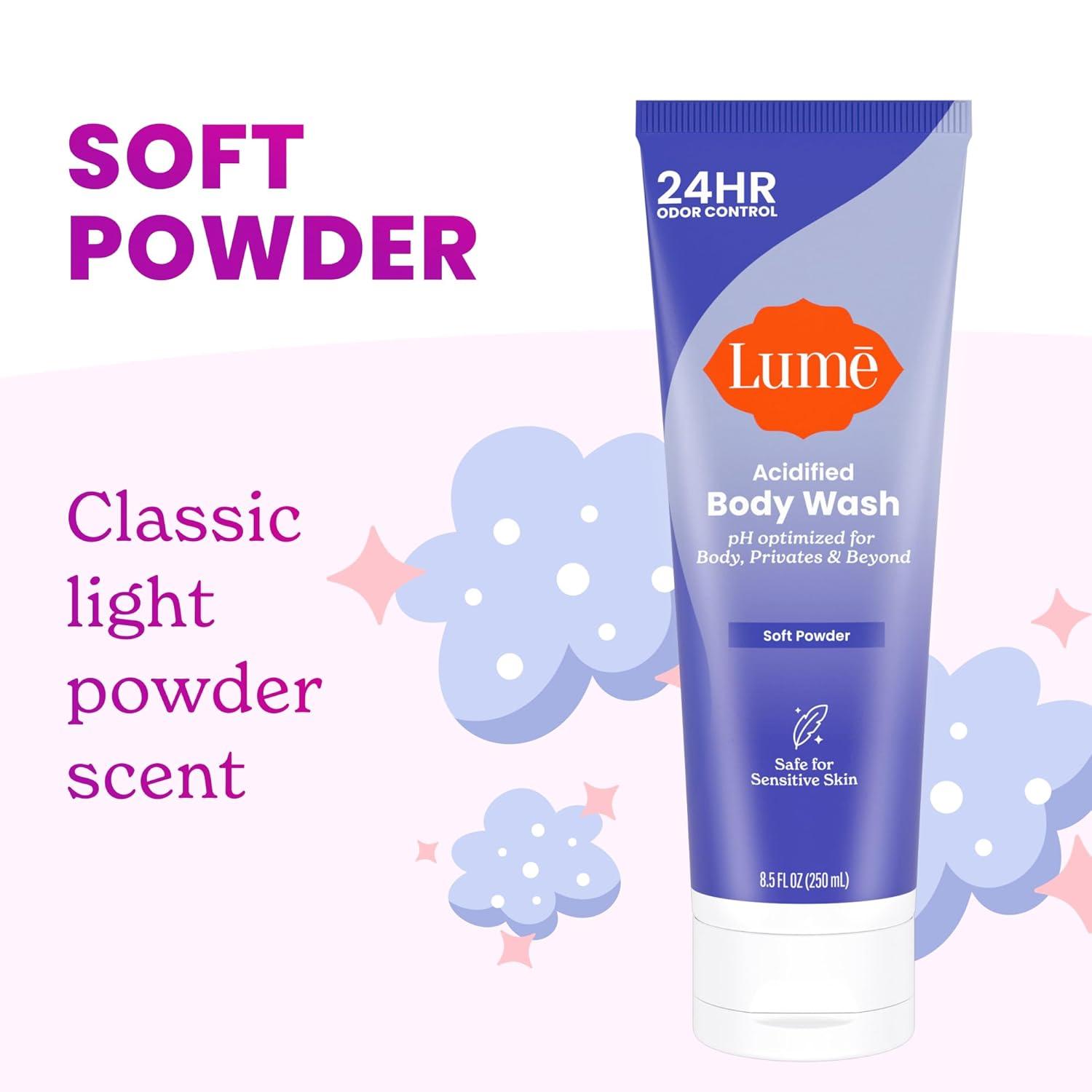 imageLume Acidified Body Wash 24 Hour Odor Control Removes Odor Better than Soap Hydrating Formula Formulated Without SLS or Parabens Safe For Sensitive Skin 85 ounce Soft PowderSoft Powder