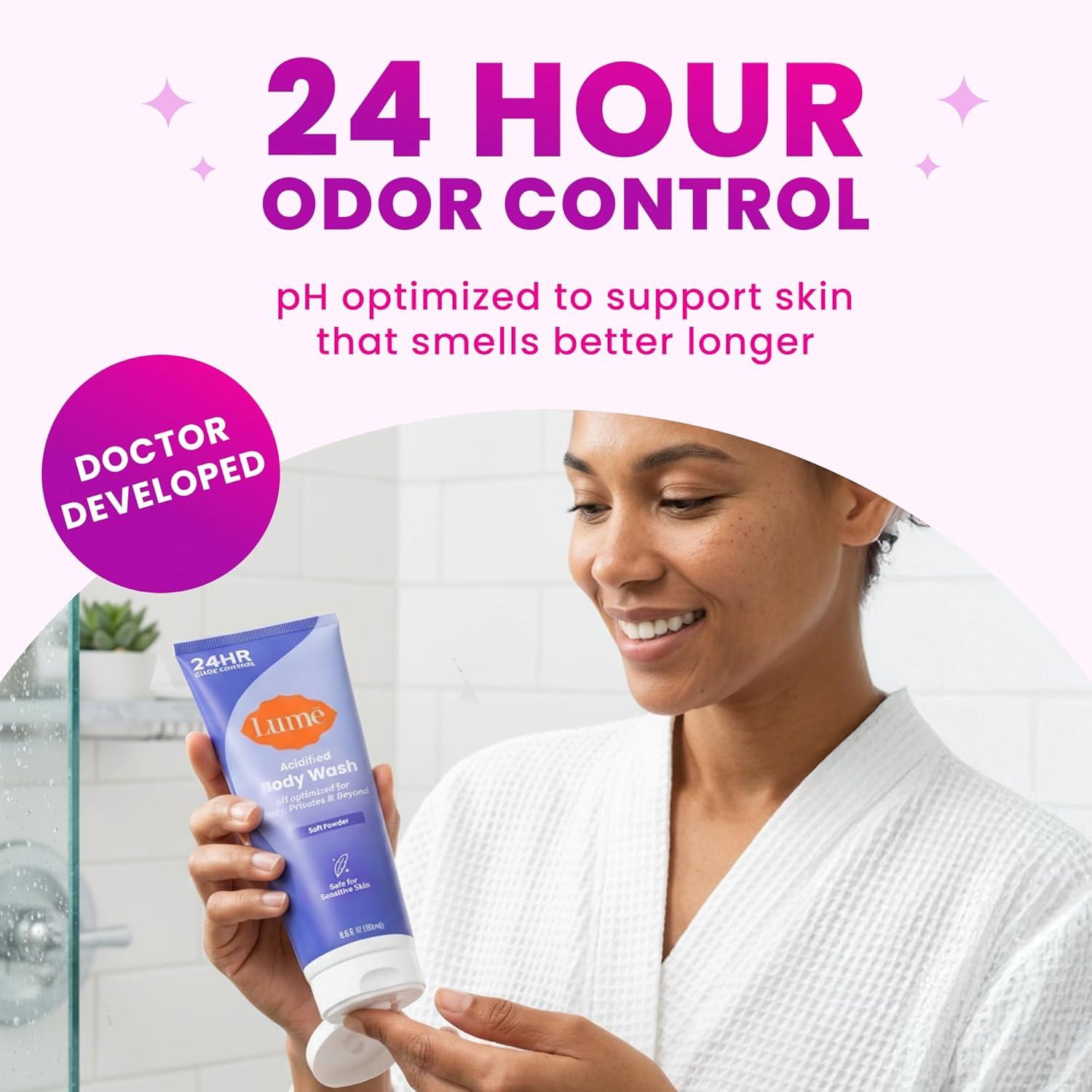 imageLume Acidified Body Wash 24 Hour Odor Control Removes Odor Better than Soap Hydrating Formula Formulated Without SLS or Parabens Safe For Sensitive Skin 85 ounce Soft PowderSoft Powder
