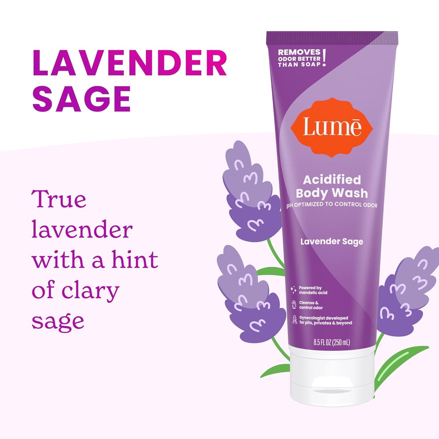 imageLume Acidified Body Wash 24 Hour Odor Control Removes Odor Better than Soap Hydrating Formula Formulated Without SLS or Parabens Safe For Sensitive Skin 85 ounce Soft PowderClean Tangerine Lavender Sage