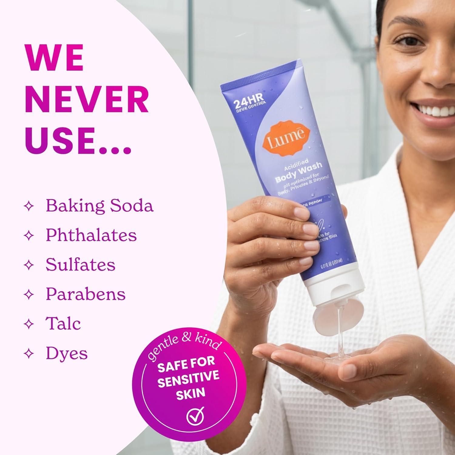 imageLume Acidified Body Wash 24 Hour Odor Control Removes Odor Better than Soap Hydrating Formula Formulated Without SLS or Parabens Safe For Sensitive Skin 85 ounce Soft PowderSoft Powder