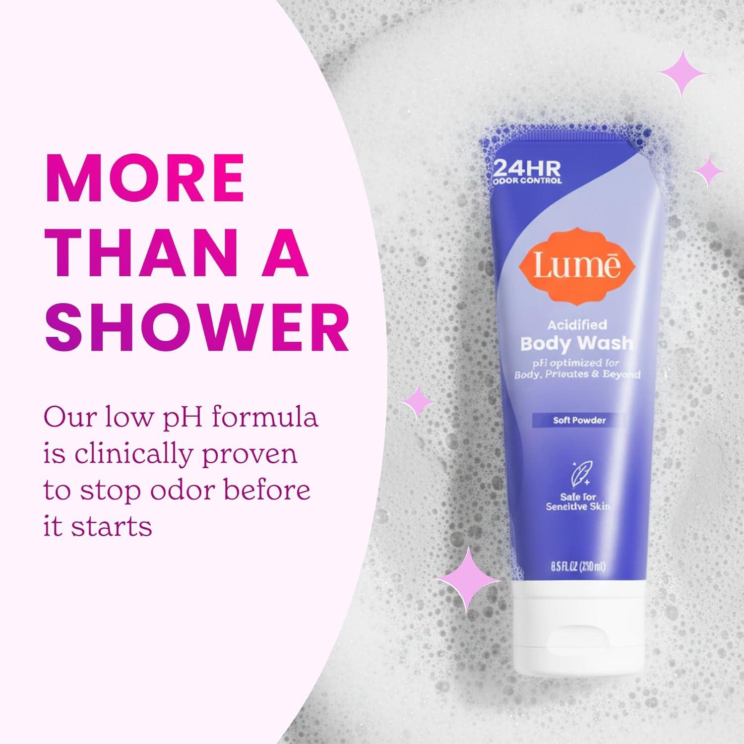 imageLume Acidified Body Wash 24 Hour Odor Control Removes Odor Better than Soap Hydrating Formula Formulated Without SLS or Parabens Safe For Sensitive Skin 85 ounce Soft PowderSoft Powder