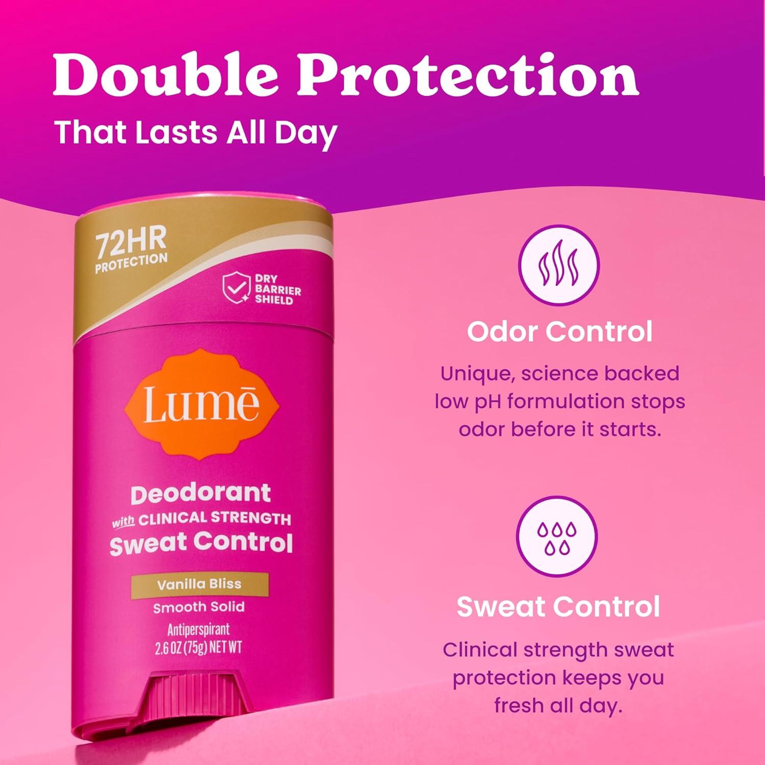 imageLume Deodorant Plus Sweat Control Smooth Solid Stick Maximum Strength Antiperspirant 72 Hour Odor And Sweat Control Baking Soda Free Skin Loving 26 ounce Fresh Spring Pack of 2Vanilla Bliss