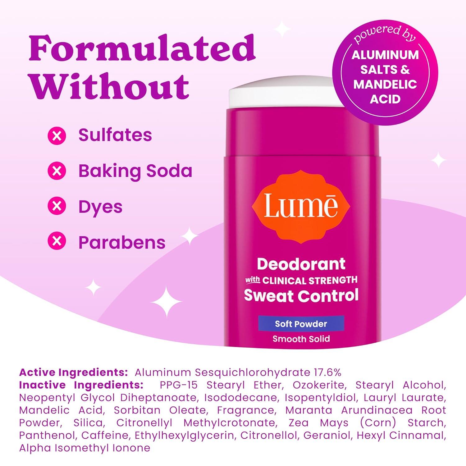 imageLume Deodorant Plus Sweat Control Smooth Solid Stick Maximum Strength Antiperspirant 72 Hour Odor And Sweat Control Baking Soda Free Skin Loving 26 ounce Fresh Spring Pack of 2Soft Powder