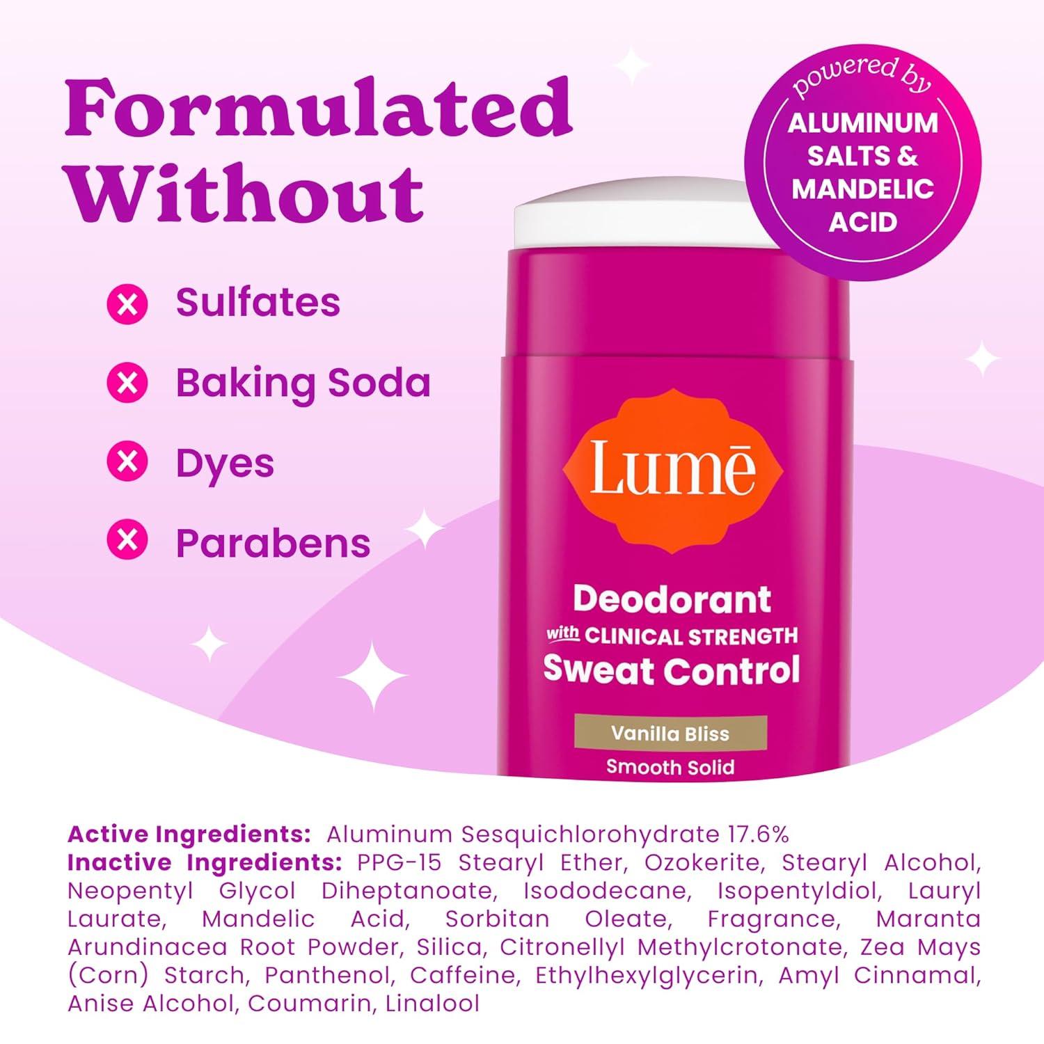 imageLume Deodorant Plus Sweat Control Smooth Solid Stick Maximum Strength Antiperspirant 72 Hour Odor And Sweat Control Baking Soda Free Skin Loving 26 ounce Fresh Spring Pack of 2Vanilla Bliss