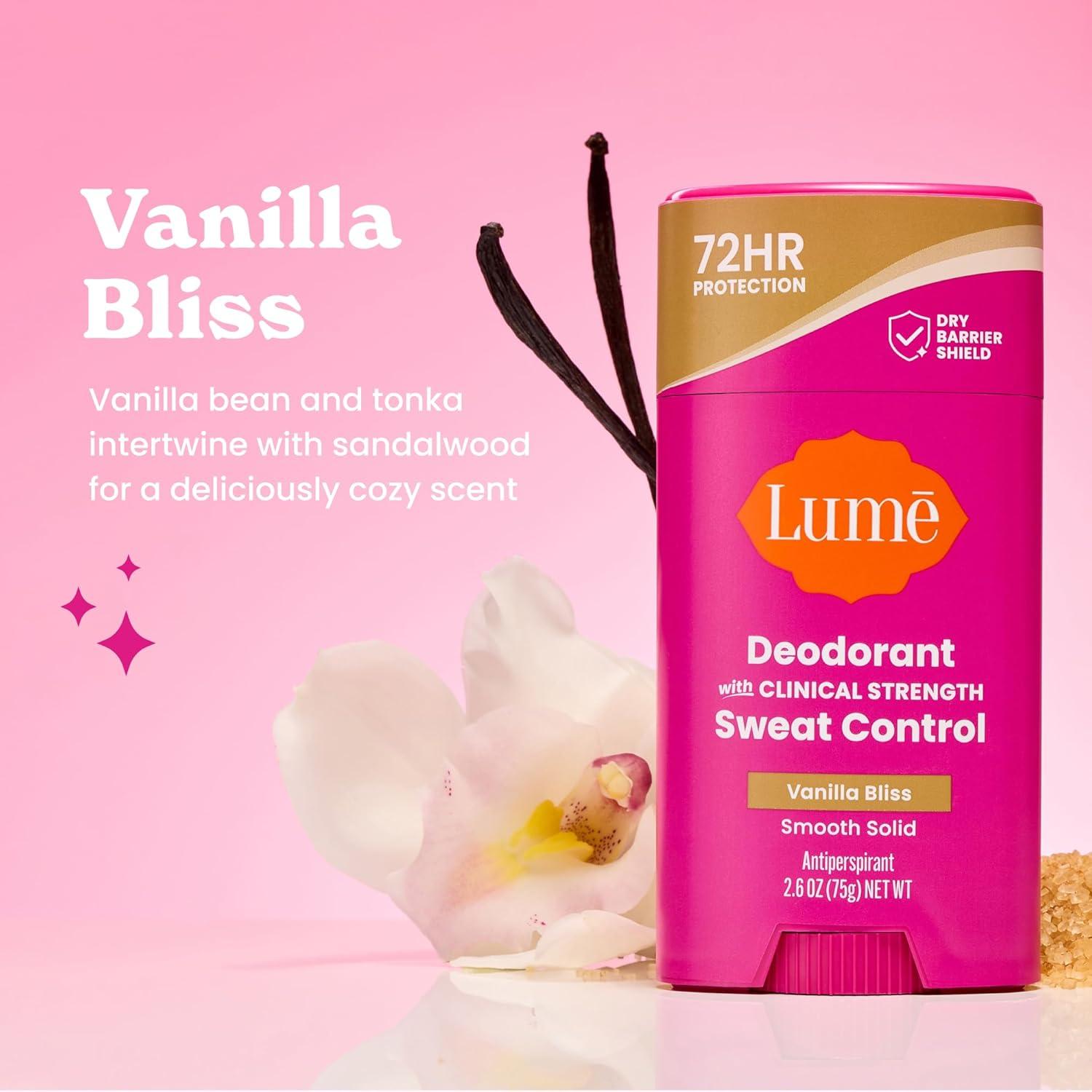 imageLume Deodorant Plus Sweat Control Smooth Solid Stick Maximum Strength Antiperspirant 72 Hour Odor And Sweat Control Baking Soda Free Skin Loving 26 ounce Fresh Spring Pack of 2Vanilla Bliss