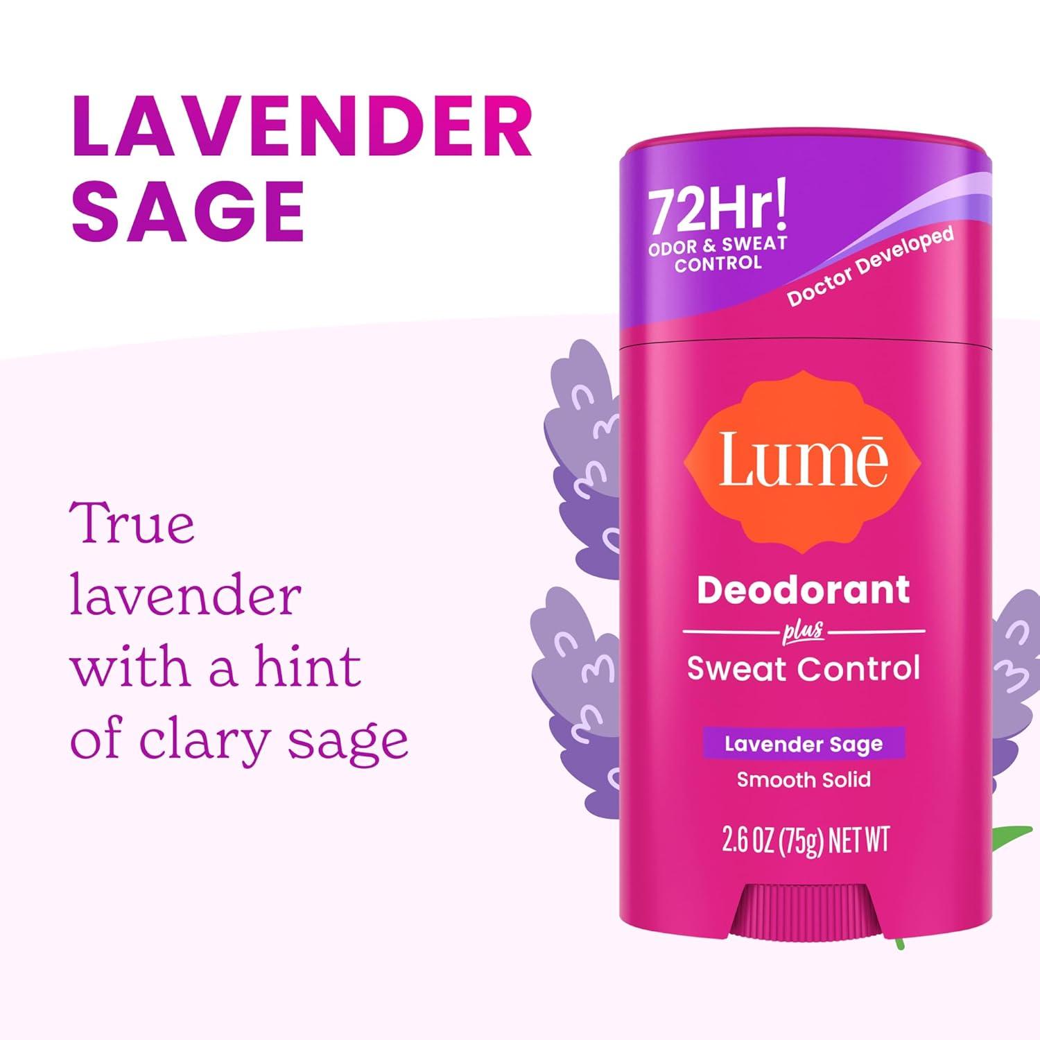 imageLume Deodorant Plus Sweat Control Smooth Solid Stick Maximum Strength Antiperspirant 72 Hour Odor And Sweat Control Baking Soda Free Skin Loving 26 ounce Fresh Spring Pack of 2Lavender Sage