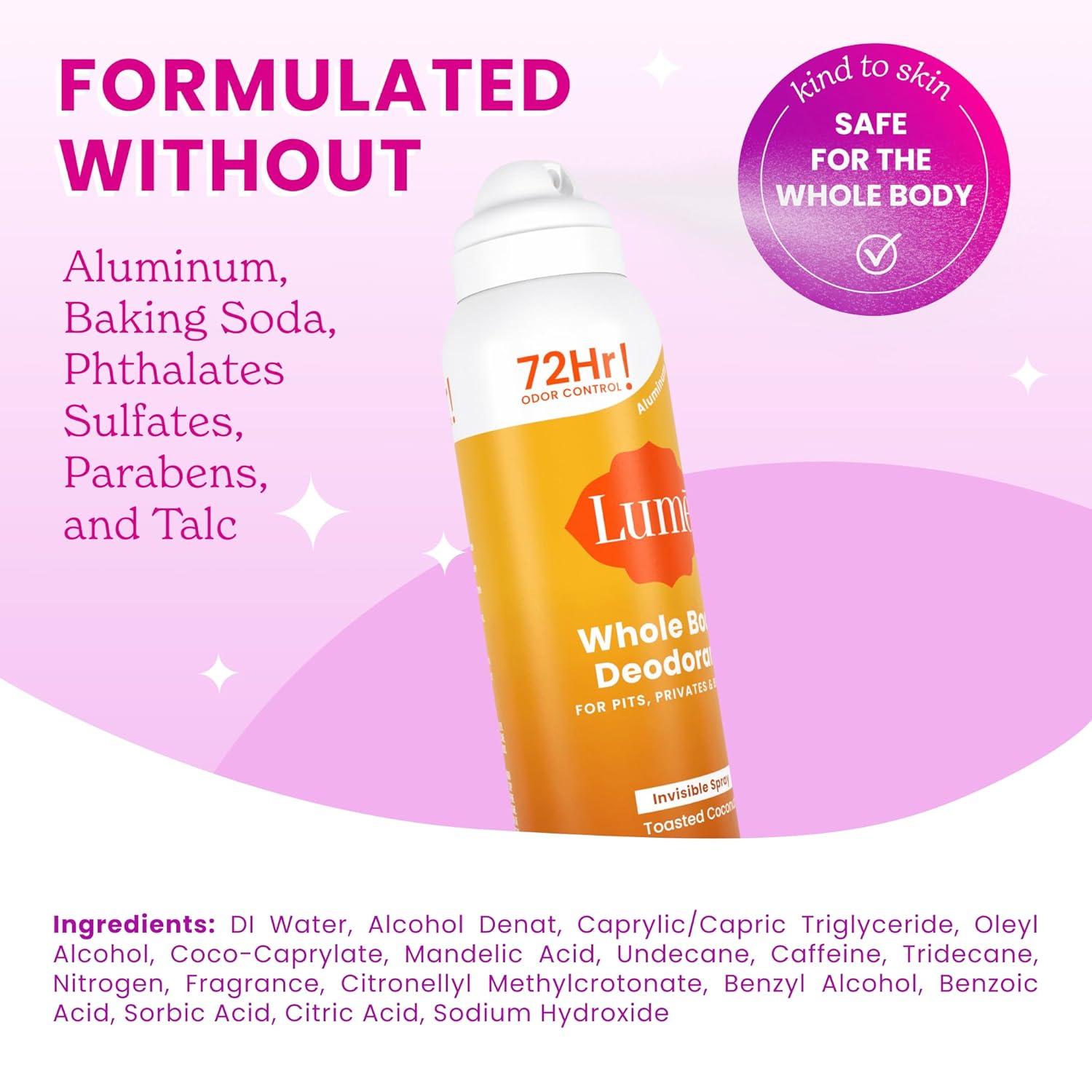 imageLume Invisible Spray Deodorant For Women Whole Body Deodorant Spray 72 Hr Odor Control Ozone Friendly Natural Propellant Baking Soda amp Aluminum Free Skin Loving Full Body Toasted CoconutToasted Coconut
