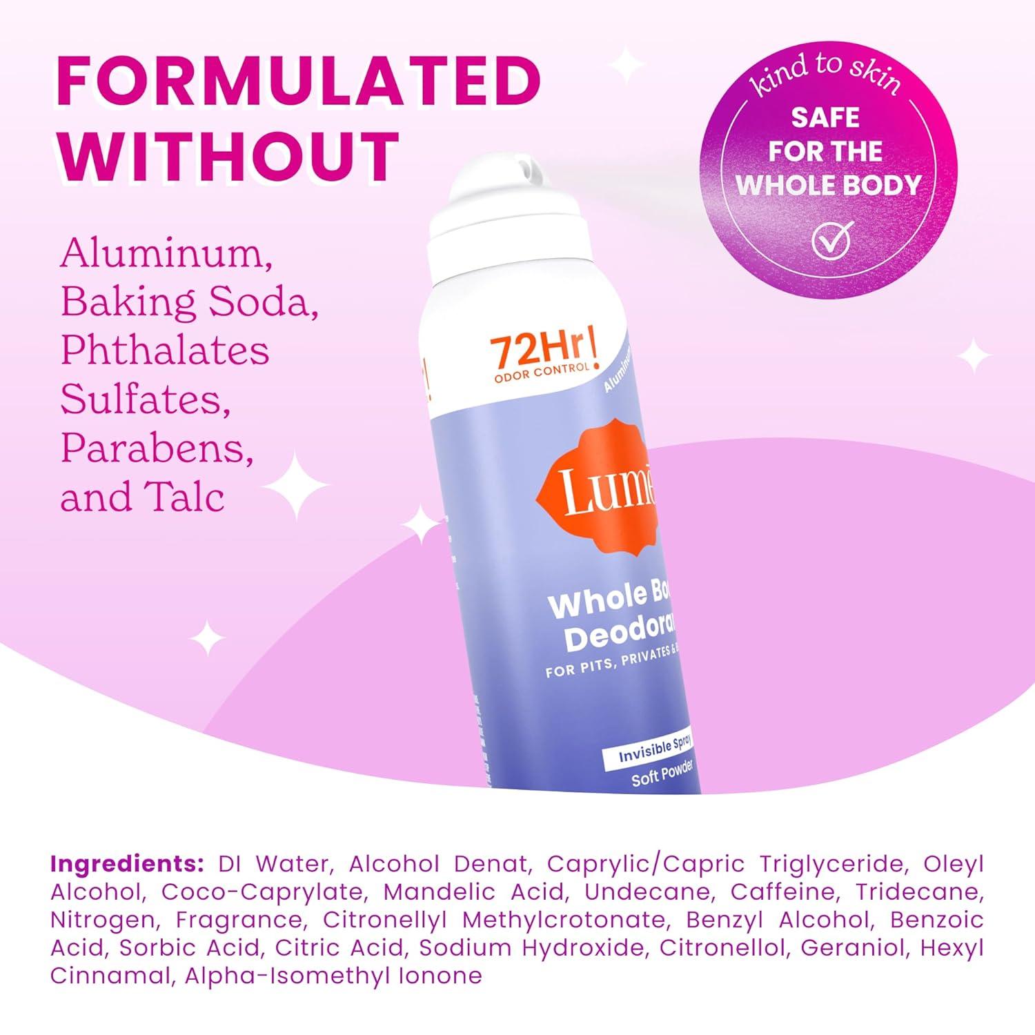 imageLume Invisible Spray Deodorant For Women Whole Body Deodorant Spray 72 Hr Odor Control Ozone Friendly Natural Propellant Baking Soda amp Aluminum Free Skin Loving Full Body Toasted CoconutSoft Powder