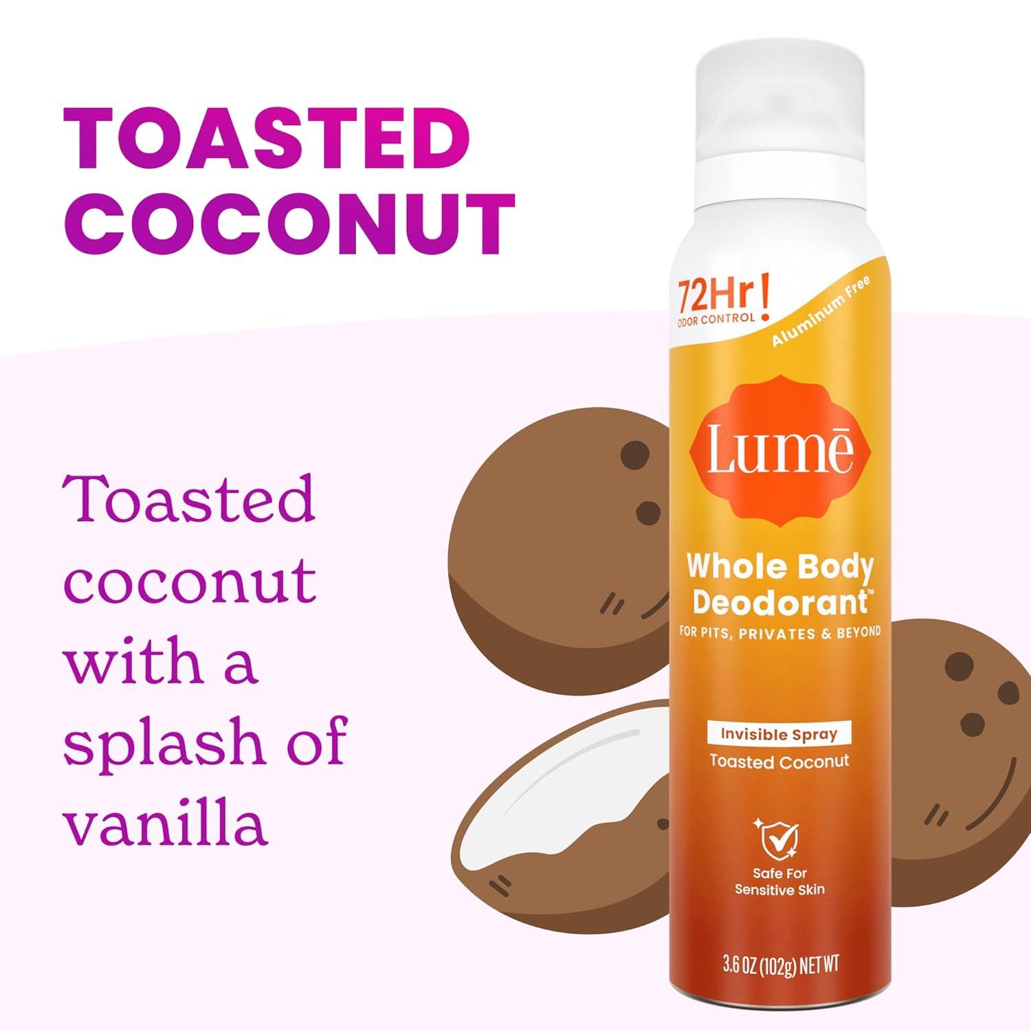 imageLume Invisible Spray Deodorant For Women Whole Body Deodorant Spray 72 Hr Odor Control Ozone Friendly Natural Propellant Baking Soda amp Aluminum Free Skin Loving Full Body Toasted CoconutToasted Coconut