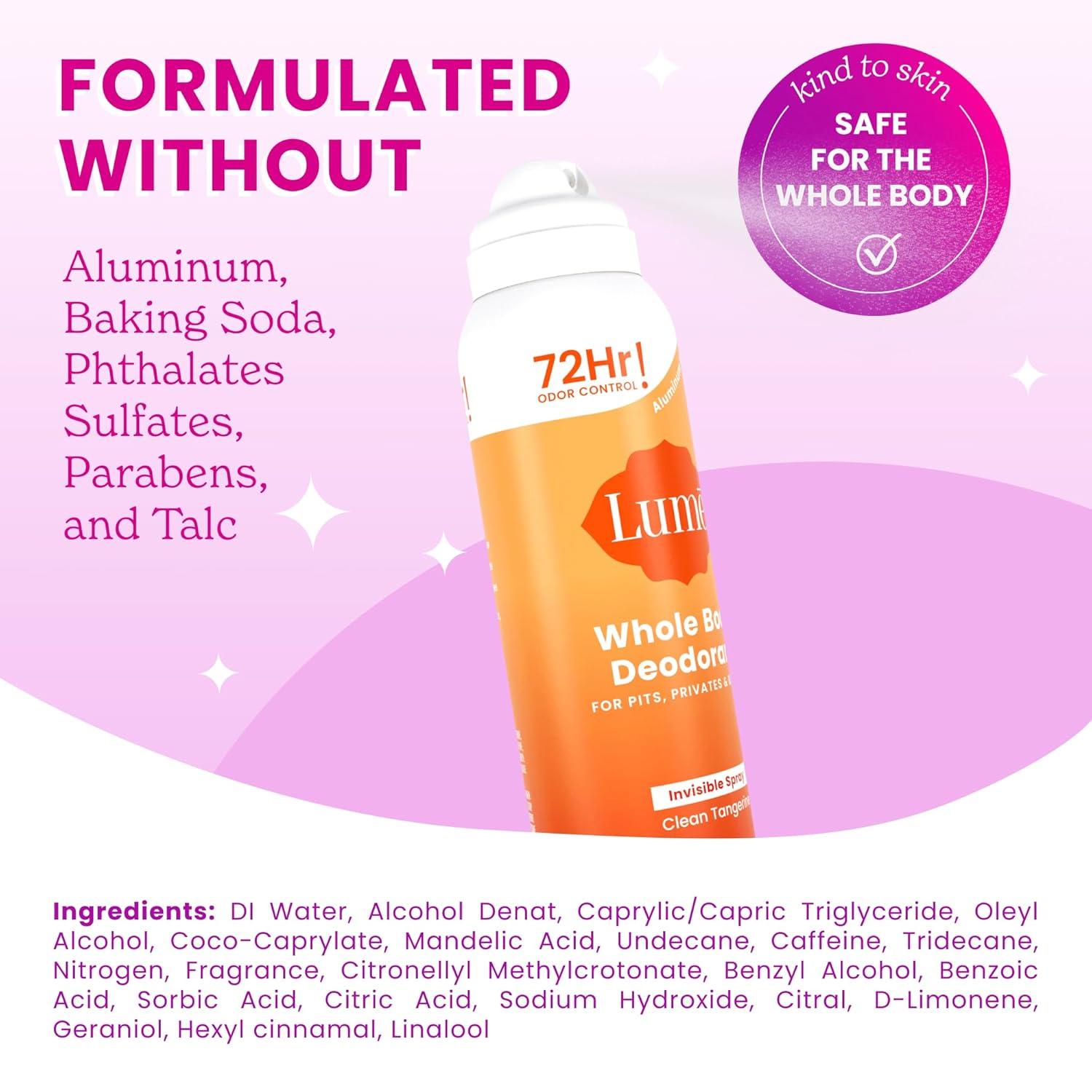 imageLume Invisible Spray Deodorant For Women Whole Body Deodorant Spray 72 Hr Odor Control Ozone Friendly Natural Propellant Baking Soda amp Aluminum Free Skin Loving Full Body Toasted CoconutClean Tangerine