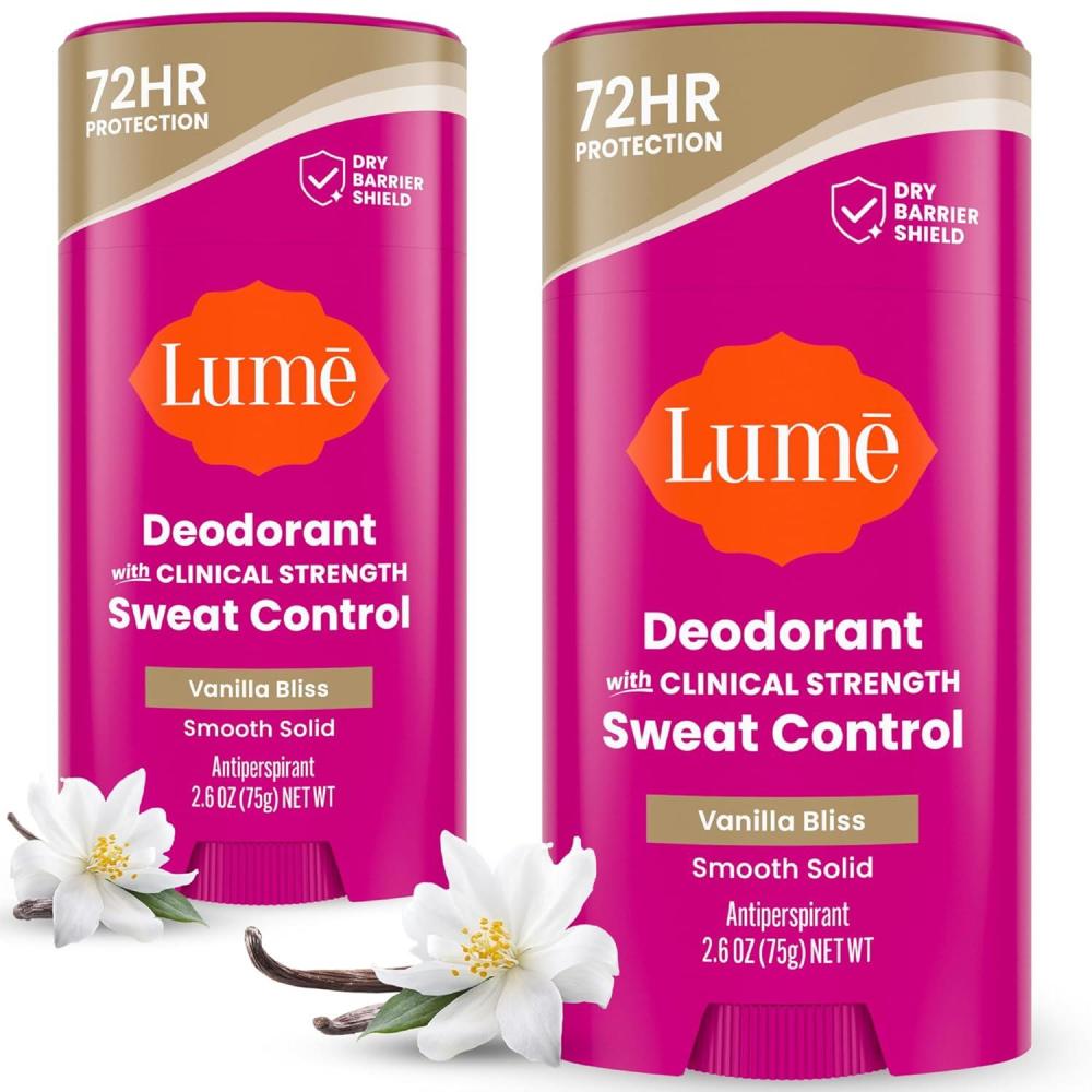 imageLume Deodorant Plus Sweat Control Smooth Solid Stick Maximum Strength Antiperspirant 72 Hour Odor And Sweat Control Baking Soda Free Skin Loving 26 ounce Fresh Spring Pack of 2Vanilla Bliss