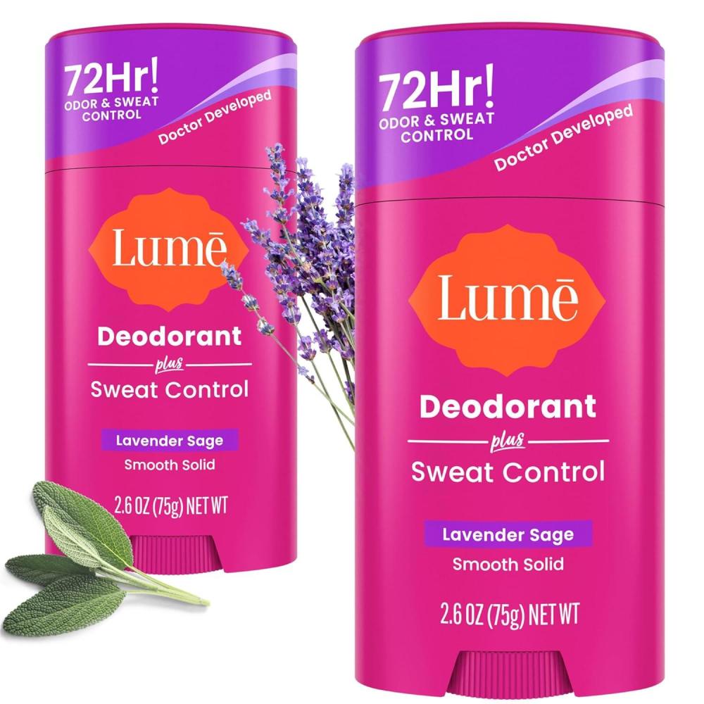 imageLume Deodorant Plus Sweat Control  Smooth Solid Stick  Maximum Strength Antiperspirant  72 Hour Odor And Sweat Control  Baking Soda Free Skin Loving  26 ounce Fresh Spring Pack of 2Lavender Sage