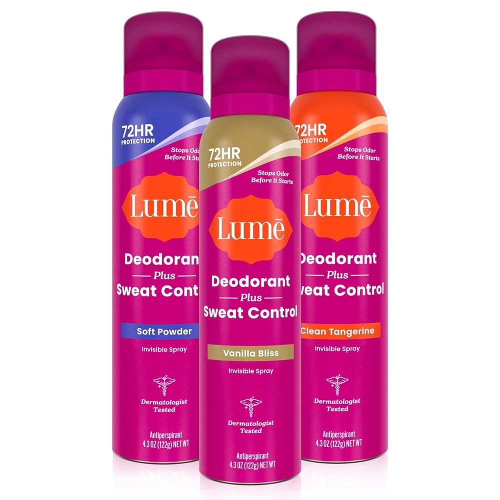 image:imageLume Deodorant Plus Sweat Control  Invisible Spray  Extra Strength Antiperspirant For Underarms  72 Hour Odor And Sweat Control  Phthalate and Paraben Free Formula  2 Pack Vanilla BlissSoft Powder  Clean Tangerine  Vanilla Bliss